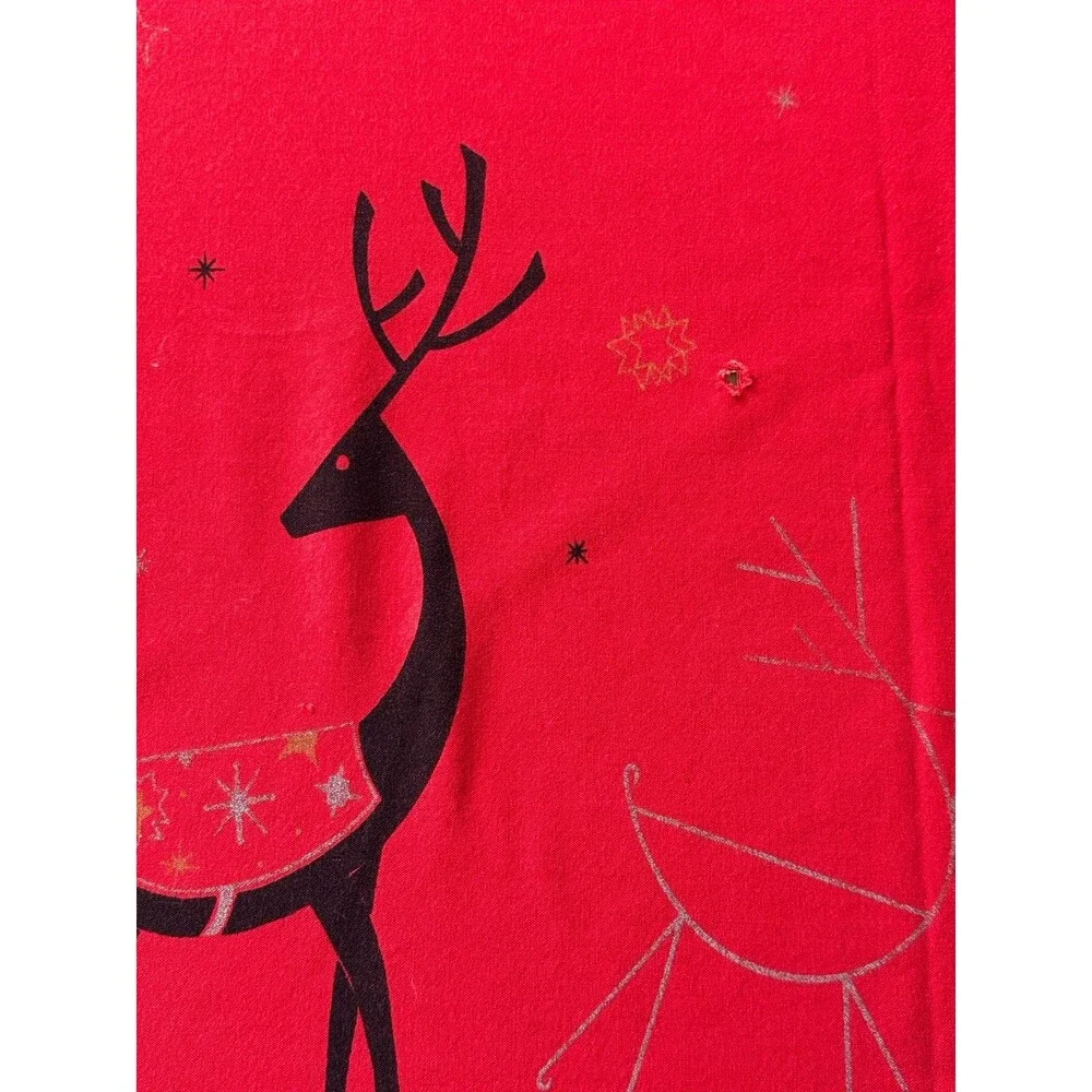 California Hand Prints 50/60s Red Christmas Tablecloth Atomic Reindeer 52x64 MCM